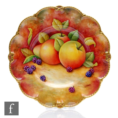 61 - A Caverswall cabinet plate decorated by Millor with a hand painted apple, pear and blackberries, the... 