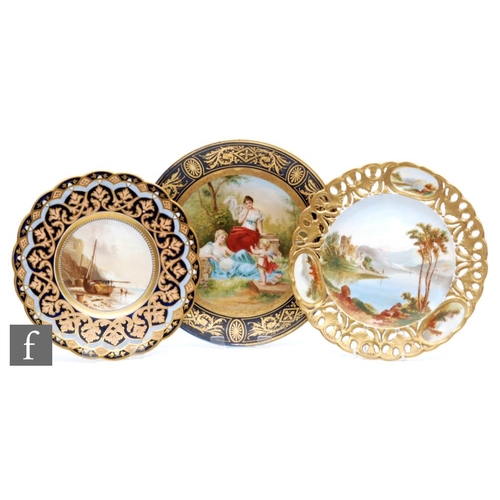 72 - Three early 20th Century cabinet plates, the first in the style of Vienna titled Auf Frocher Schule ... 