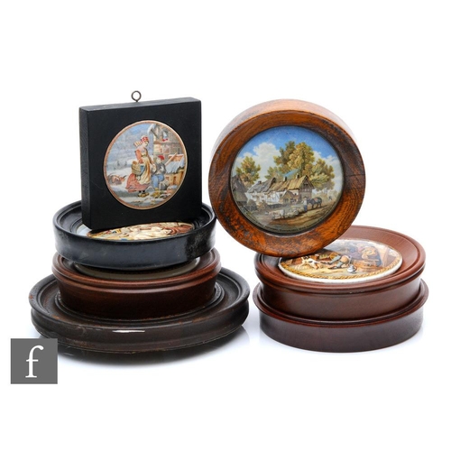 77 - Seven assorted 19th Century framed Staffordshire pot lids comprising The Dentist, Peace, The Skaters... 