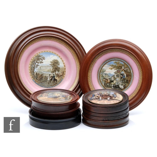 78 - Six assorted 19th Century framed Staffordshire pot lids comprising Hide and Seek, Transplanting Rice... 