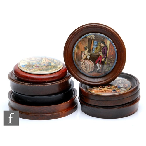 79 - Seven assorted 19th Century framed Staffordshire pot lids comprising War, The Village Wedding, The C... 