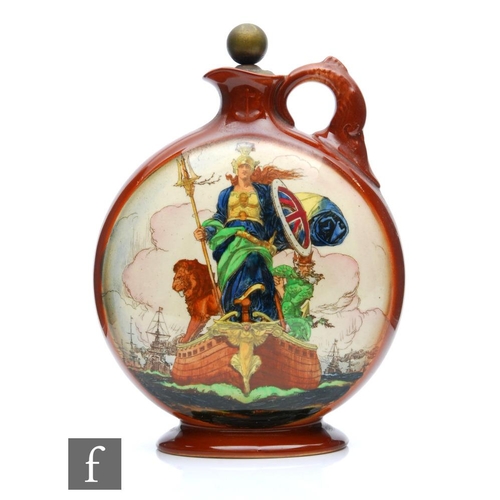 80 - A Royal Doulton Dewar's Whisky advertising flask decorated with Britannia, Neptune and a lion aboard... 