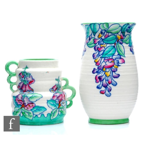 82 - Two 1930s Art Deco Charlotte Rhead for Crown Ducal vases, the first decorated in the 4954 Wisteria p... 