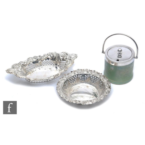 271 - Two hallmarked silver pierced and embossed bon bon dishes, total weight 5oz, with a silver plated Mo... 