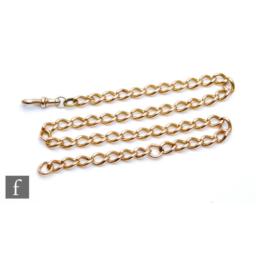 321 - A 9ct open curb link uniform single Albert chain, weight 29g, length 39cm, terminating in end swivel... 