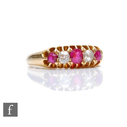 333 - A 19th Century 18ct ruby and diamond five stone boat shaped ring, claw set stones to plain shoulders... 