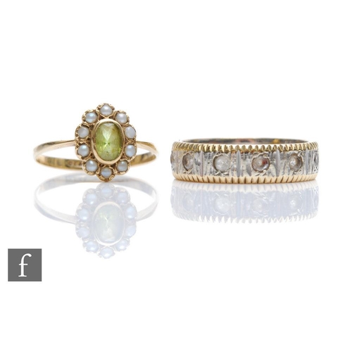 334 - A 9ct peridot and seed pearl cluster ring with a 9ct white gold paste set eternity ring, total weigh... 