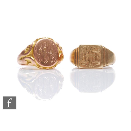 352 - Two 9ct signet rings, total weight 16g, each with engraved initials.