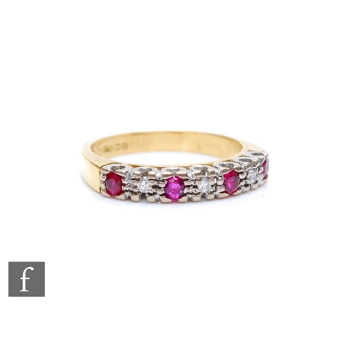 354 - An 18ct hallmarked ruby and diamond ring, alternating stones to a plain shank, weight 3g, ring size ... 