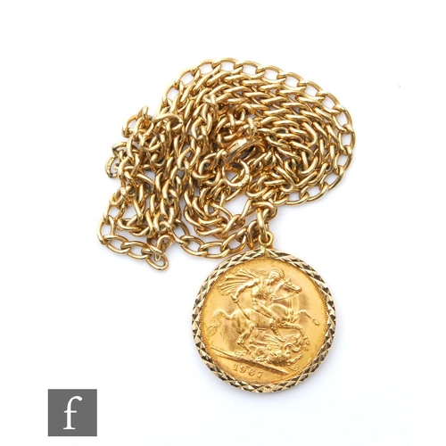 364 - An Elizabeth II full sovereign pendant loose to a 9ct mount and suspended from a 9ct belcher link ch... 