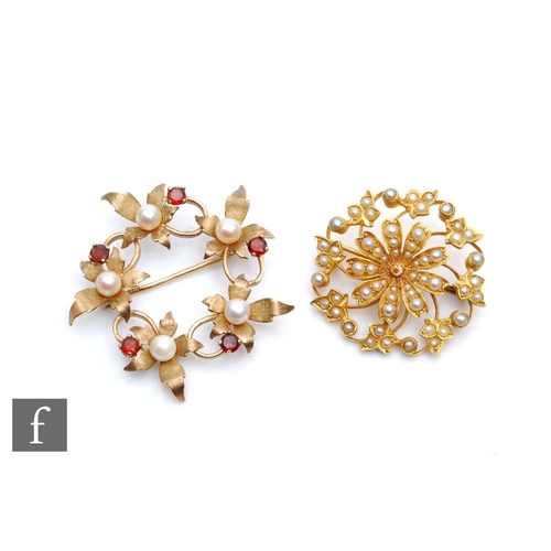 372 - A late 19th Century 9ct circular seed pearl set brooch, weight 5.8g, diameter 30mm, with a similar 9... 