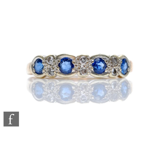 387 - A 9ct hallmarked sapphire and diamond ring, four collar set sapphires spaced by pairs of diamonds, w... 