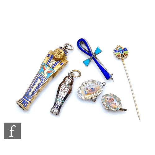 399 - A collection of 1920s and later Art Deco Egyptian Revival pieces comprising an 800 silver pin, two 8... 