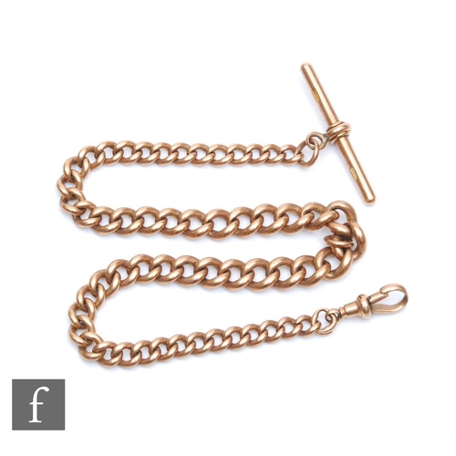 425 - A 9ct gold albert chain with T bar, length 36cm, weight 58g.