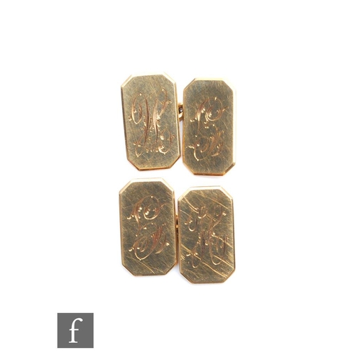 426 - A pair of 9ct gold lozenge engraved cuff links, monogrammed HG, weight 8.6g, cased. (2)