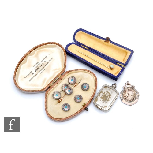 432 - An opal and 9ct gold stick pin, a cased set of dress studs and bar brooch set with a single turquois... 