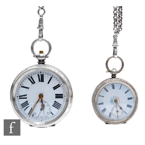 438 - Two early 20th Century continental open faced pocket watches with a silver Albert chain and a silver... 