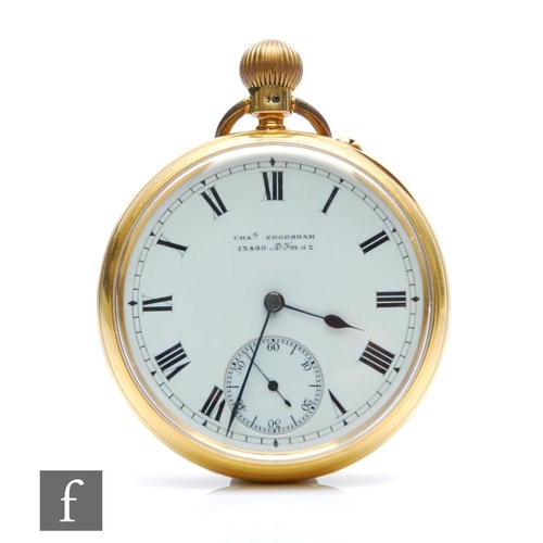 439 - An 18ct hallmarked crown wind open faced pocket watch, Roman numerals to a white enamelled dial, cas... 