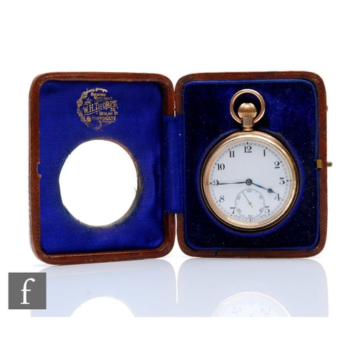 440 - A gold plated crown wind, open faced pocket watch, Arabic numerals to a white enamelled dial, case d... 