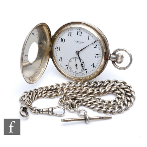 448 - A hallmarked silver crown wind half hunter pocket watch, Roman numerals to a white enamelled dial, c... 