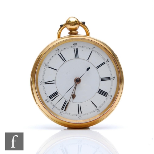 454 - A late 19th Century 18ct gold open face pocket watch, with centre seconds hand to the white enamelle... 