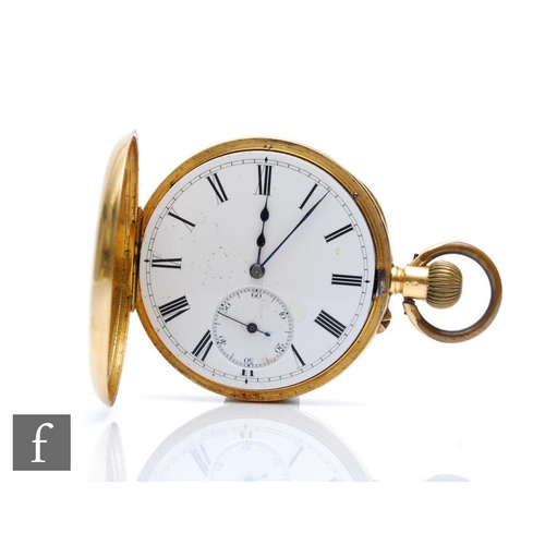 457 - An 18k gold half hunter fob watch, white enamel dial and blue enamel numerals, monogram to the rever... 