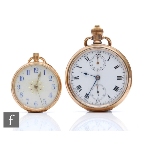 458 - A 14k gold continental ladies fob watch, blue Arabic dial, winder missing and a gold plated open fac... 