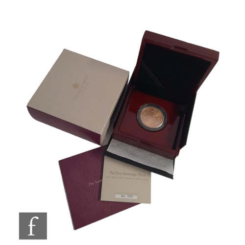 215 - A Elizabeth II five sovereign piece dated 2022, certificate and cased.