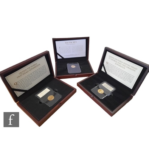 221 - Three full Victoria sovereigns dated 1872 (shield back) 1880 and 1899, each with certificate and cas... 