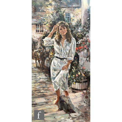 889 - GORDON KING (BORN 1939) - A young woman in a sunlit garden, oil on canvas, signed, framed, 100.5cm x... 