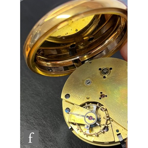 454 - A late 19th Century 18ct gold open face pocket watch, with centre seconds hand to the white enamelle... 