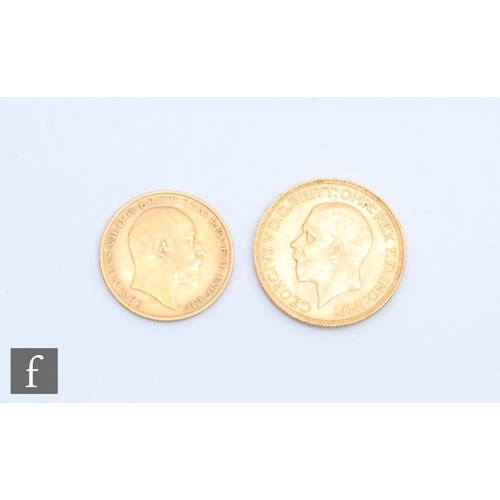 186 - A George V full sovereign, dated 1932, and an Edward VII half sovereign, dated 1906. (2)