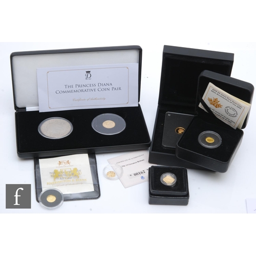 206 - Six assorted gold coins to include a four sided quarter sovereign and a Princess Diana Commorative e... 