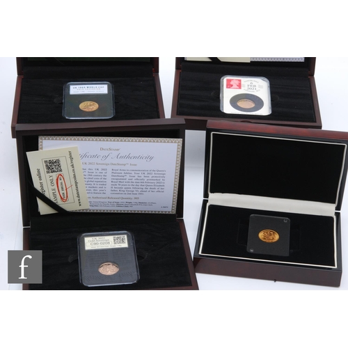 223 - Four Elizabeth II full sovereigns dated 1965, 1966, 2021 and 2022, each with a certificate and cased... 