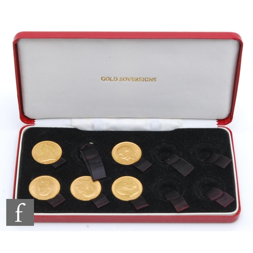 251 - Five Victoria to Elizabeth II sovereigns 1896, 1908, 1910, 1912 and 1966, fitted in a red case. (5)