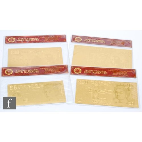 255 - Four Elizabeth II gold novelty banknotes, five, ten, twenty and fifty pounds, each sealed with certi... 