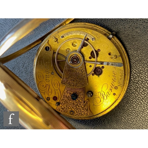 461 - An 18ct gold cased fob watch, the movement signed Barwise London, No 9567, the dial with second subs... 