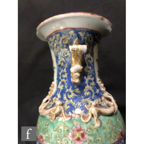 174 - A pair of late 19th Century Chinese Famille rose vases, each of ovoid form rising to a slender neck ... 