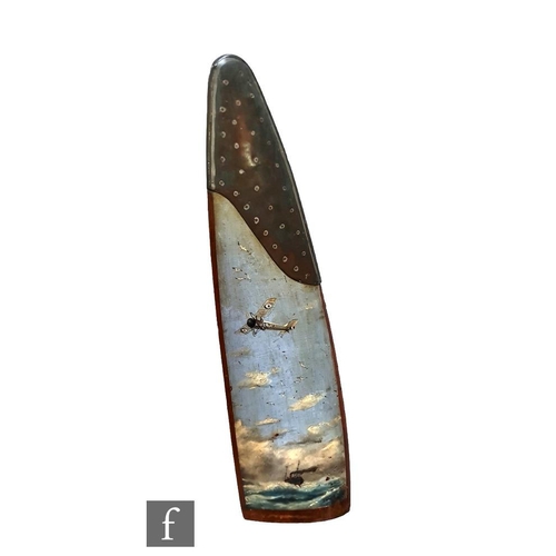 981 - A trench art painted propeller blade with riveted copper tip and painted with a British mono plane i... 