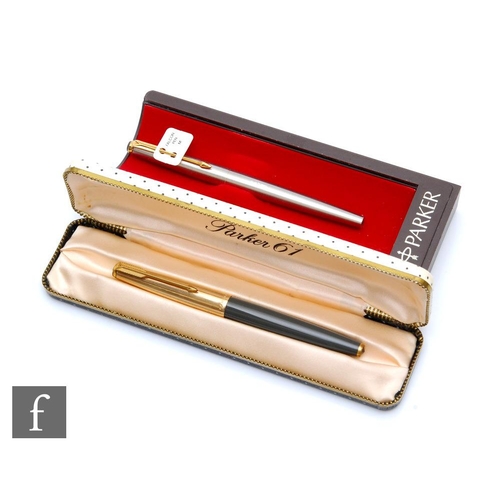 663 - A Parker 61 fountain pen, grey case, with a later Parker Falcon pen, both cased. (2)