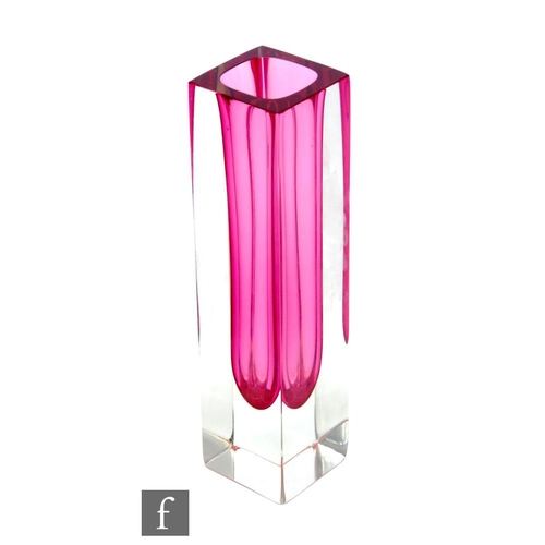 179 - A post war Murano glass vase, of square section, internally decorated with a magenta core and heavil... 