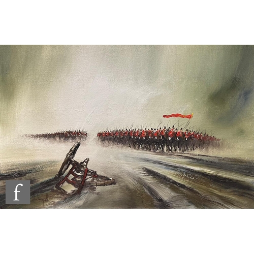 1175 - JOHN BAMPFIELD (BORN 1947) - 'Cavalry', oil on canvas, signed, inscribed and dated 1977 on stretcher... 