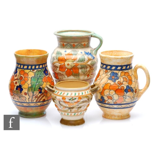 13 - Four pieces of Charlotte Rhead for Crown Ducal comprising a vase and a flower jug decorated in the B... 