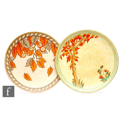 9 - Two 1930s Charlotte Rhead for Crown Ducal chargers, the first decorated in the 4921 Golden Leaves pa... 