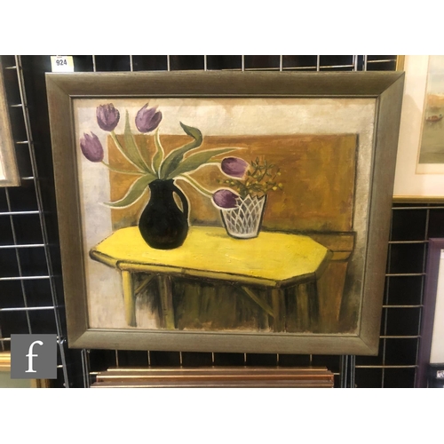 9013 - ENGLISH SCHOOL (MID 20TH CENTURY) - A still life with tulips and a jug on a table, oil on canvas, fr... 