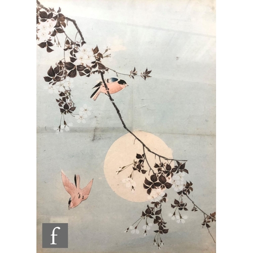 9141 - CIRCLE OF OHARA KOSON (JAPANESE 1877-1945) - Sparrows and a peony bush, watercolour, framed 37cm x 5... 