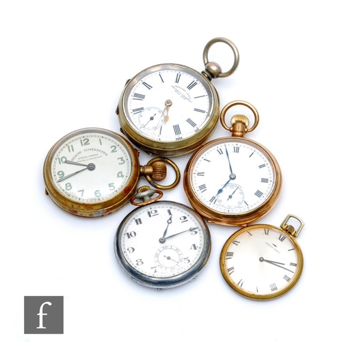 1310 - Five assorted 20th Century plated and white metal pocket watches to include four crown wind examples... 