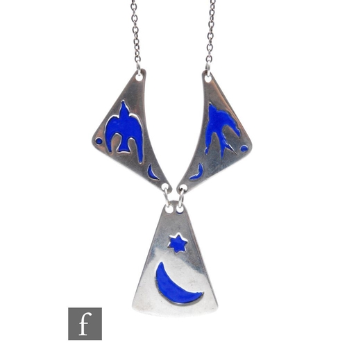 1550 - A 1970s hallmarked silver necklace with three triangular panels with enamelled swallows, a star and ... 