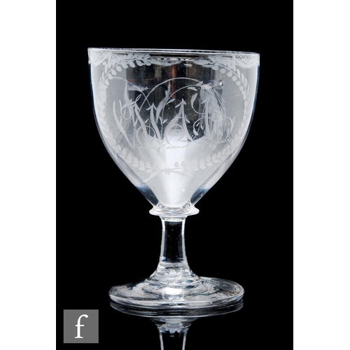 71 - An 18th Century glass rummer, circa 1800, the bowl engraved with hops and barley, with a monogram wi... 