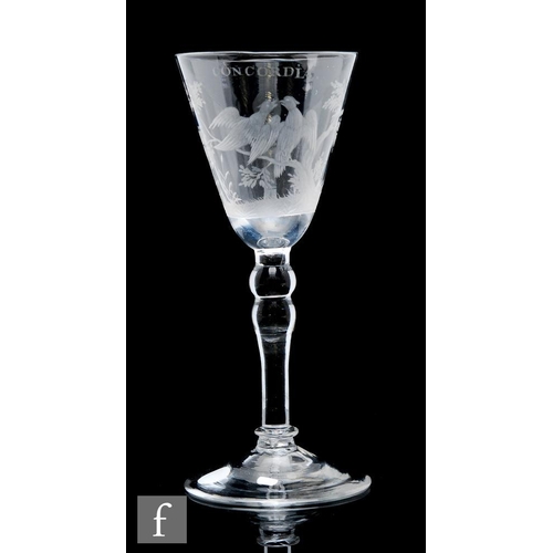 254 - An 18th Century Newcastle light baluster drinking glass circa 1750, the round funnel bowl engraved w... 